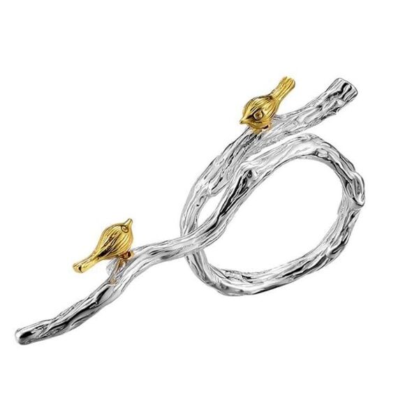 925 Sterling Silver Golden Birds on Branch Adjustable Ring - Picture 1 of 9